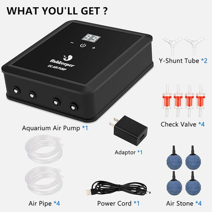 fishkeeper Aquarium Air Pump, 12W 320GPH Ultra Quiet Fish Powerful Fish Tank Air Pump with Four Outlet Adjustable Oxygen Aerator Pump with Air Stone Bubbler for 30-600 Gallon Tanks