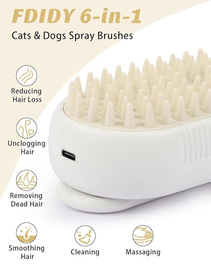 6 in 1 Cat Steam Brush for Shedding, Portable Anti-Static Grooming Comb for Cats & Dogs, Steam Misting Water Brush, Self-Cleaning Pet Hair Remover, Indoor Cat Spray Brushes for Cats & Dogs