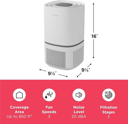 Frigidaire PureA300 HEPA Air Purifier for Small Bedrooms, Covers up to 850 Sq. Ft., 3-Stage Filtration, Energy Star Certification, Air Quality Monitoring, Smart Mode, Ultra Quiet, White