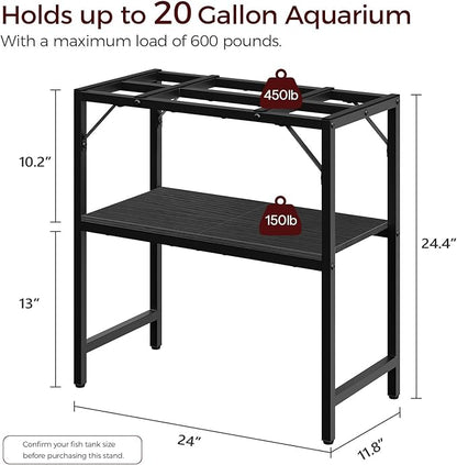 20 Gallon Fish Tank Stand, Aquarium Stand with 2-Tier Storage Shelves, Heavy Duty Breeder Turtle Terrarium Stand Rack for Home Office, 24.0" L x 11.8" W x 24.4" H, Black FTBK2001
