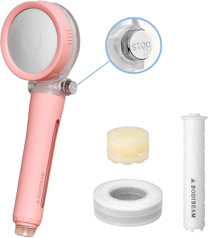 Filtered Handheld Shower Head with Vitamin C & Sediment Filter, High Pressure Water Flow, Water Saving, Reduces Chlorine for Dry Skin & Hair, On/Off Switch, Made in Korea, Spa-Like Shower- Peony Pink