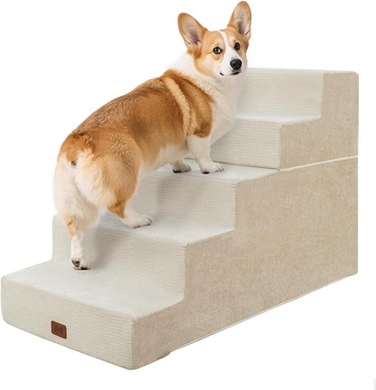 Dog Stairs for High Bed, Dog Steps for Bed Couch Sofa, 35D Foam Extra Wide Pet Steps for Small Dogs and Cats, Pet Stairs with Non-Slip Bottom Beige, 5 Steps