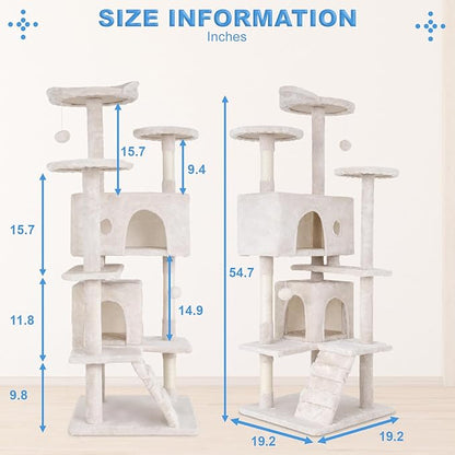 FDW Cat Tree 54in Cat Tower Multi-Level Durable Cat Scratching Post & Cozy Fun Cat Jumping Platform Space Saving Cat Condo Pet Play House for Indoor Cats,Beige