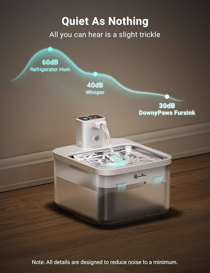 DownyPaws Battery Operated Cat Water Fountain Stainless Steel, 84oz/2.5L Fursink Wireless Pet Water Fountain for Cats Inside, Automatic Dog Water Dispenser with Faucet, Quiet Pump, BPA-Free, White