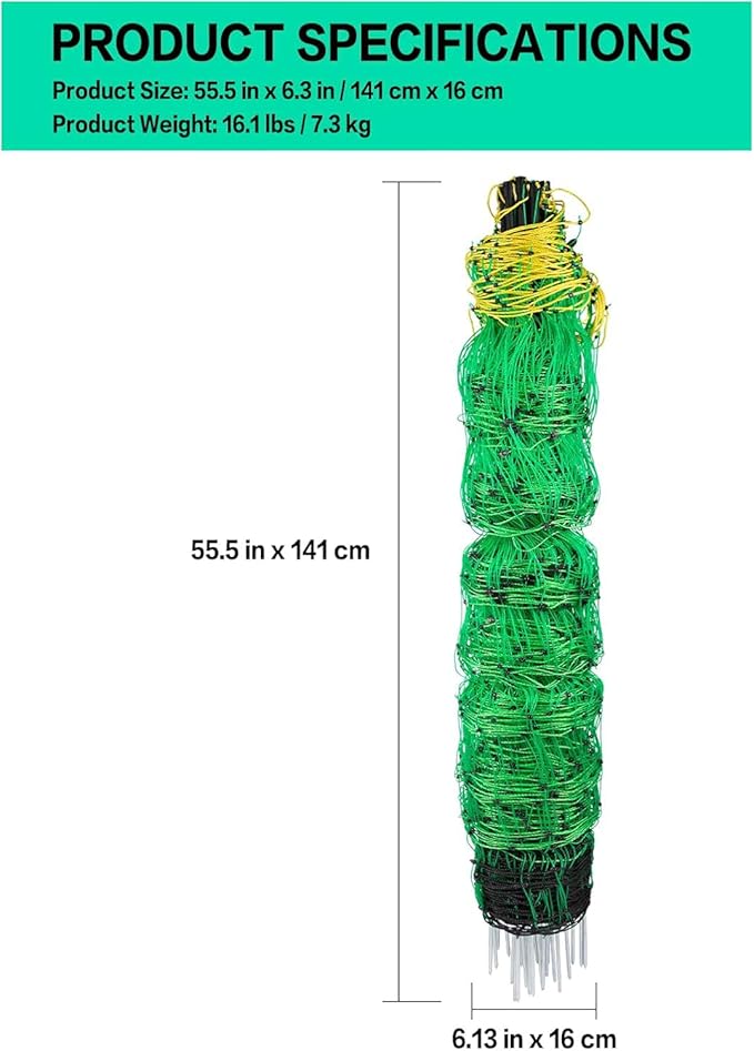 Electric Fence Netting, 49.6" H x 164' L, PE Net Fencing Kit with 14 Posts Double Spiked, Utility Portable Mesh for Sheep Hogs Goats Deer Dogs Lambs Used in Backyards Farms Ranches Patio, Green