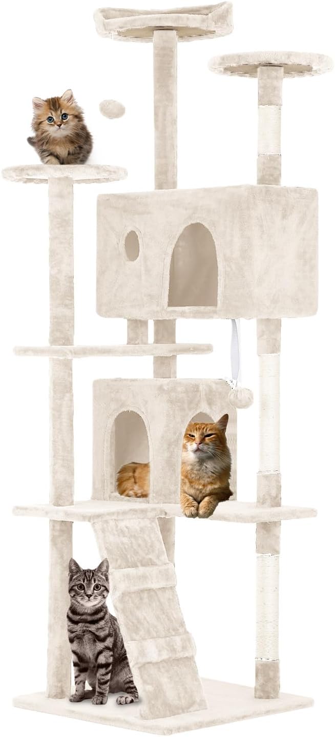 FDW Cat Tree 70in Cat Tower Multi-Level Durable Cat Scratching Post & Cozy Fun Cat Jumping Platform Space Saving Cat Condo Pet Play House for Indoor Cats,Beige