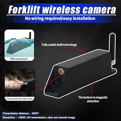 7-inch Forklift Reversing Monitor, HD Night Vision 1080P Magnetic Wireless Reversing Camera, Waterproof IP68, IR Laser Positioning Camera for Forklifts, Vans, Trucks and Trailers