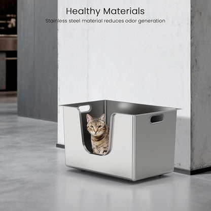 Enclosed Stainless Steel Cat Litter Box 13.8” High Sides, Extra Large Litter Box for Big Cats, XL Metal Kitty Litter Pan Pet Toilet with Wheels for Easy Mobility, Anti-Leakage, Non-Sticky, Easy Clean