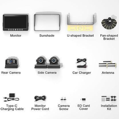 Fookoo 1080P 9" Magnetic Wireless Backup Camera, HD 9" IPS Monitor, Rechargeable 2 Side View 1 Rear View Cameras,1 Min Easy Install, Long Battery Life No Drilling IR Light for Trailer RV Truck DCX903