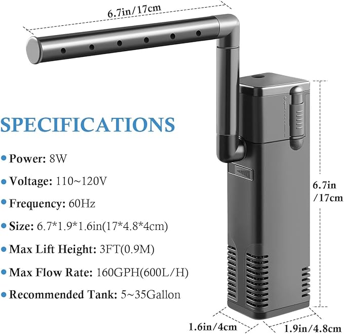FEDOUR Submersible Aquarium Internal Filter, Filter with Water Pump for Fish Tank up to 35 Gallon (8W for 5-35 gallon-new)