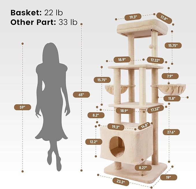 Gardner Pet 65in Heavy Duty Cat Tree Tower for Large Cats, Multi-Level Cat Furniture with Replaceable Sisal Scratching Post, Hammock | Extra-Large Platform & Condo (Beige)