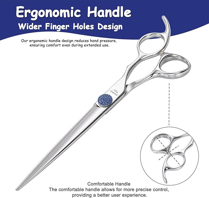 7'' Dog Grooming Scissors CNC 440C Blades Sharp and Durable Polished Straight Dog Shears with Blue Diamond Adustable Screws Easy to Use for Groomer and Home User