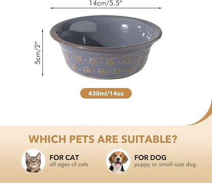 5.5inch Ceramic Set of 2 Dog and Cat Bowls, 2pcs Basic Food and Water Dishes for Puppy, Kitty, Wide Opening Rounded Edge (2 Bowls, Reactived Glaze -Grey)