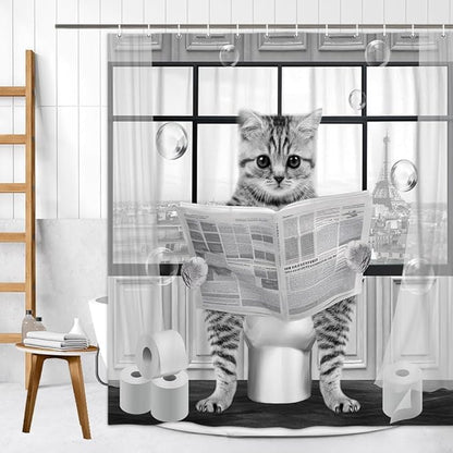 Cute Cat Shower Curtain,Funny Cat Reading on ToiletShower Curtain Set,Black White Grey Fabric Shower Curtains for Bathroom with Hooks 36X72inches