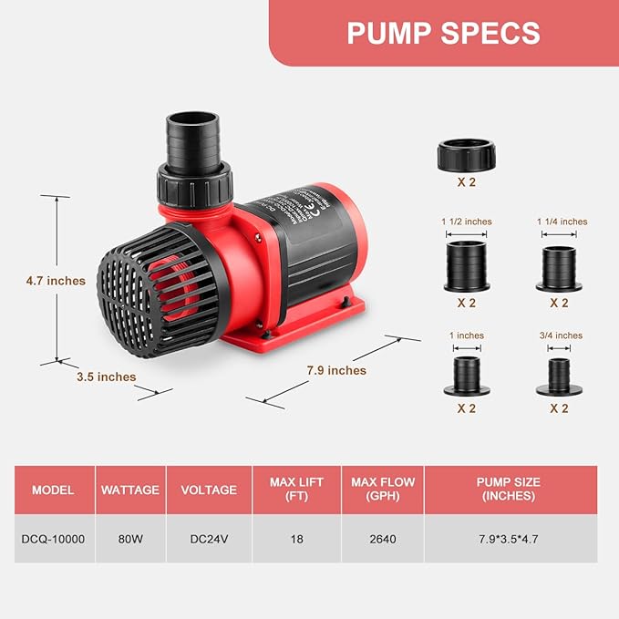 2640GPH 80W Aquarium DC Retrun Pump With LCD display Controller,DC24V 18FT Lift Controllable water pump for fresh and marine water fish tank,100 speeds ECO Quiet inline and submersible pump