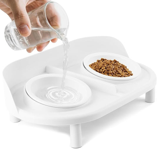 Elevated Cat Bowls, Tilted Rised Cat Food and Water Bowl with 2 Pcs Ceramic Pet Bowls, Rised Stand, Pet Dish Anti Vomiting Feeding Station for All Sized Cats & Small Dogs (White)
