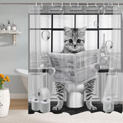 Cute Cat Shower Curtain,Funny Cat Reading on ToiletShower Curtain Set,Black White Grey Fabric Shower Curtains for Bathroom with Hooks 36X72inches