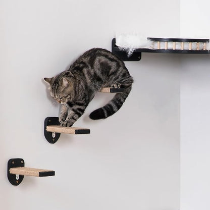 3pcs Wall Steps for Cats, Climbing Mounted Furniture, Shelves With Hemp Rope Covered, Solid Wood Ladder for Playing and Climbing (Large-Black)