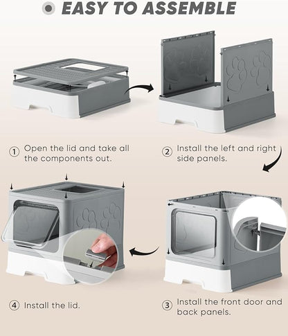 Enclosed Cat Litter Box, Large Litter Box for Big Cats, Covered Kitty Litter Boxes with Lid, Top Entry Cat Box Enclosure with Scoop, Odor Control, Easy to Clean(Grey)