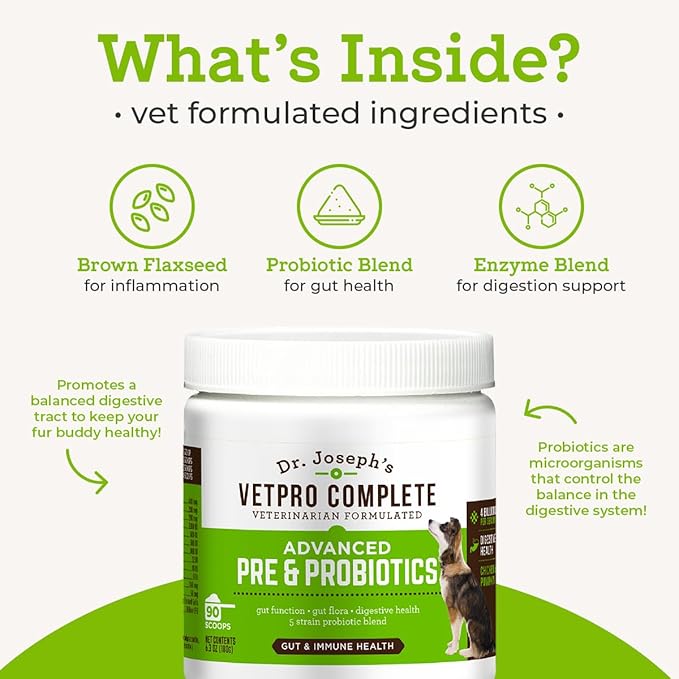 Dr. Joseph's VetPro Complete Advanced Powdered Pre & Probiotics for Dogs, 90 Scoops, Supports Gut Health, Diarrhea, Digestive Health & Seasonal Allergies, Chicken/Pumpkin Flavor, Add to Food