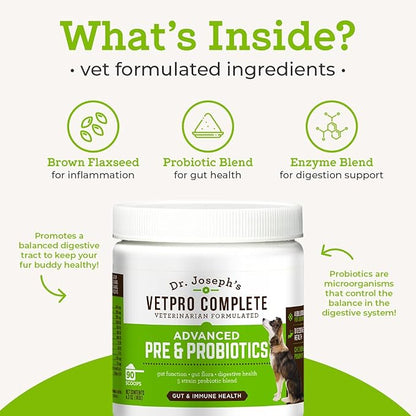 Dr. Joseph's VetPro Complete Advanced Powdered Pre & Probiotics for Dogs, 90 Scoops, Supports Gut Health, Diarrhea, Digestive Health & Seasonal Allergies, Chicken/Pumpkin Flavor, Add to Food