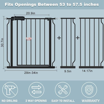 Extra Wide Baby Gate Black 53-57.5 Inch Wide Walk Through Pressure Mounted No Drill Long and Large Tension Metal Gate for Dog and Toddler