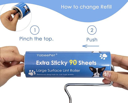 Extreme Sticky Large Surface Lint Roller, 6.3'' Giant Pet Hair Remover Roller for Pet Dog Cat Hair, Clothes&Furniture Cleaning, 90 Sheets (1 Roller + 2 Refills)