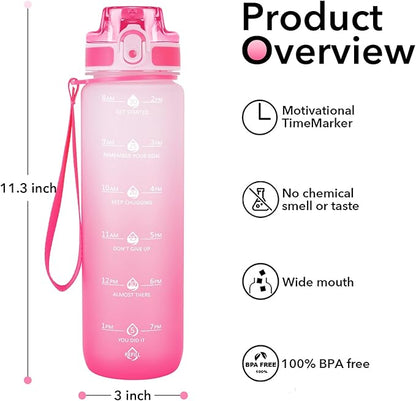 32oz Motivational Water Bottles with Time Marker & Fruit Strainer, Transparent Gradient Color Water Bottle with Times to Drink, Leakproof & BPA Free, Reusable Bottle with Strap (No Straw)