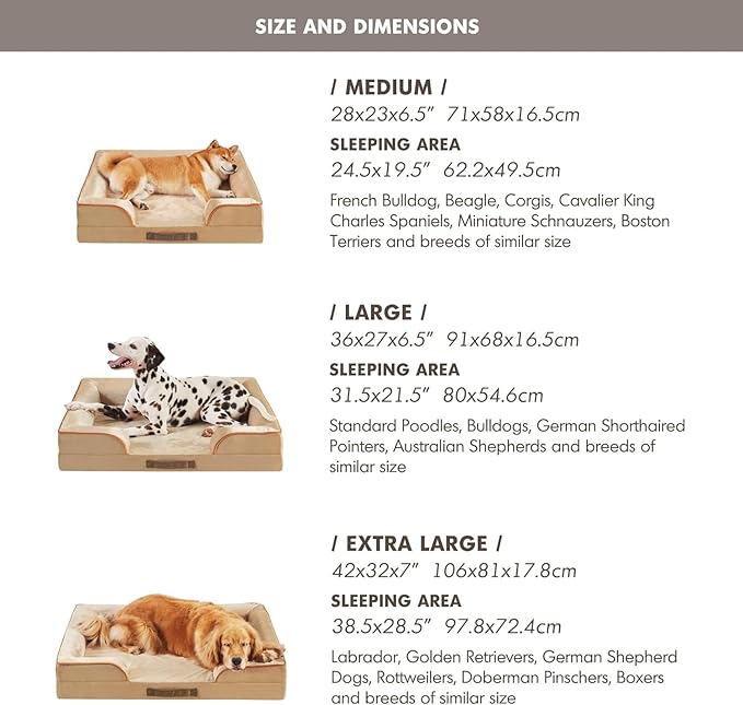 Friends Forever Orthopedic Dog Bed for Medium Dogs, Waterproof Memory Foam Dog Sofa Bed M with Removable Washable Cover, Ally Khaki, 28x23x6.5