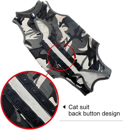 DOTON Cat Recovery Suit for Male and Female Surgical Post Surgery Soft Cone Onesie Shirt Clothes Neuter Licking Protective Diapers Outfit Cover Kitten Spay Collar(L, Camouflage)