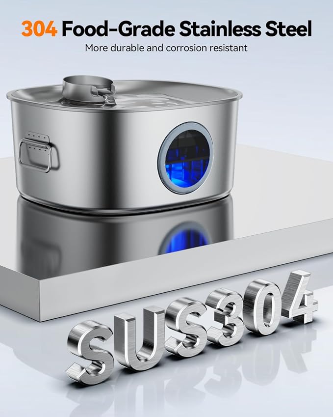 Dog Water Fountain Stainless Steel, 11L/2.8Gal Large Pet Water Fountain for Large Dogs Inside, Dog Fountain Water Bowl Automatic Dispenser with Visible Window & LED, Ultra Quiet (with 8pcs Filters)