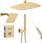 12 Inch Rain Shower System, Brushed Gold Shower Faucet Set with Push Button Diverter, 6 Inch Wall Mounted 3-Functions Bathroom Shower Systems with Dual-Function Handheld (Thermostatic, Gold Brushed)