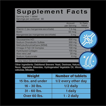 Glucosamine for Dogs Hip & Joint Supplement – “Two-in-One Combo” Dog Joint Care and Improved Skin & Coat with Chondroitin, MSM, Omega 3, Collagen & Biotin, 60 Chewable Tablets