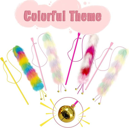 4 Pack Cat Wand Toy, Rainbow Cat Feather Toys with Bells, Teaser Wand with Soft Furry Tail, Interactive Toys for Indoor Cats & Kitten & Kitty