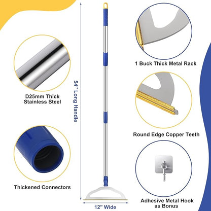 12”Wide Large Metal Carpet Rake Pet Hair Removal Broom, 54" Thicker Handle Low Pile Carpet Brush, Dog Cat Pet Hair Remover, Embedded Fur Pro Clean Removal Tool, Rug Couch Stair Scraper