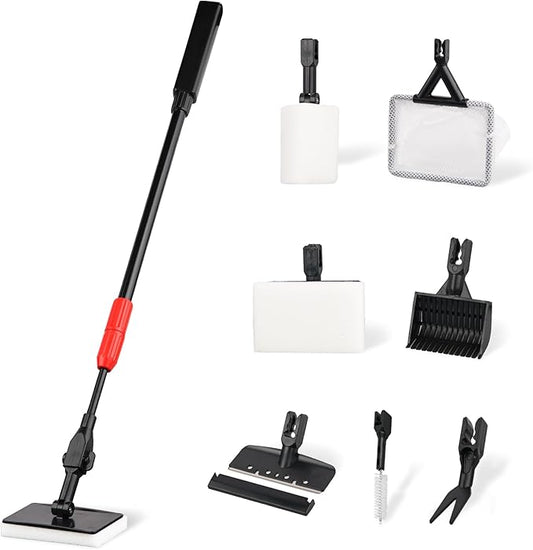 Aquarium Cleaning Tools 7 in 1 - Fish Tank Cleaning Kit with Algae Scraper, Scrubber Pad, Adjustable Telescopic Long Handle, Fish Net, Gravel Rake, Fork & Brush - Saltwater & Freshwater Tank