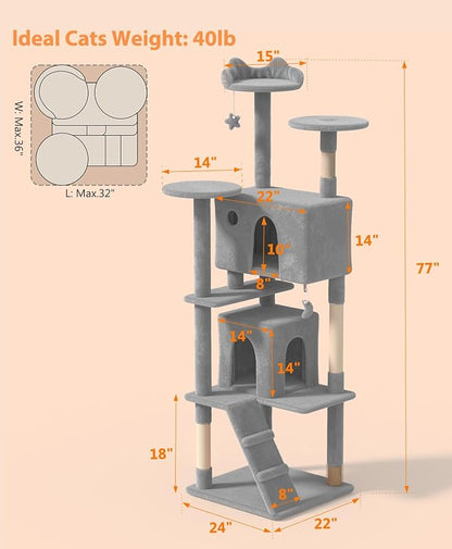 77'' Cat tree Tower for Indoor Cats Large Adult,Cute/Tall Modern Cat Tree for Big Cats 20 lbs,Plush Multi-Level Cat Condo with Scratching Posts,Dangling Ball for fun play(Light Gray, 77 inch)