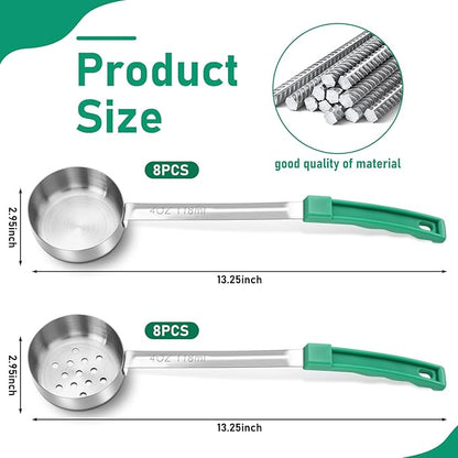 16 Pcs Portion Control Serving Spoons, Restaurant Measuring Serving Ladle Utensils, Portion Control Slotted Scoops for Weight Loss, Solid and Perforated Scoops(Green,4 oz)