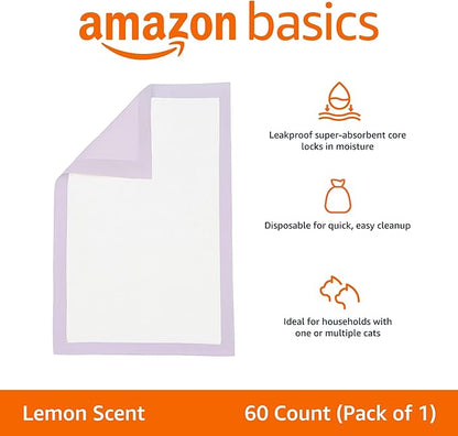 Amazon Basics Cat Pee Pads, 60 Count, Universal Fit for Litter Box, Odor Control with Lemon Scent, White/Purple