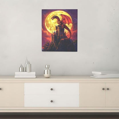 Dragon Bathroom Pictures Wall Art, Red Dragon Castle Bathroom Wall Decor, Framed Painting Canvas Artwork for Bedroom Living Room Decorations 24"L x 20"W