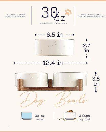 Getstar Ceramic Dog Bowls with Acacia Wood Stand, 30 fl oz, Set of 2, Dog Food Bowl with Colored Rim