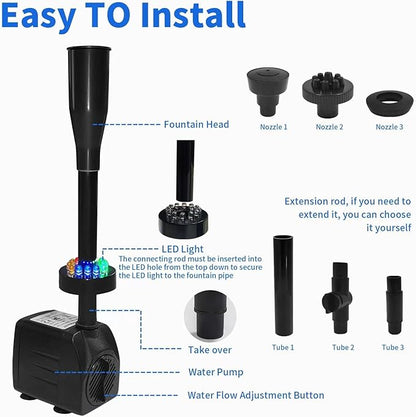 15W 1000L/H Submersible Fountain Water Pump with 12 Colorful LED Lights, Mushroom and Blossom Spray Head for Fountain,Pond,Outdoor Water Feature, Statuary Gardens,Aquarium Fish Tank