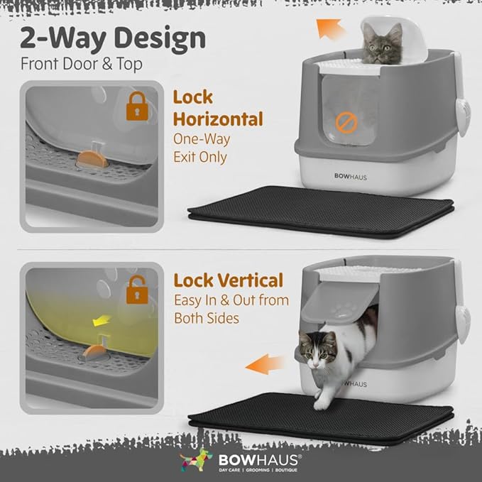 Fully Enclosed Cat Litter Box w/Lid, Scoop, Cat Mat & Odor Fitter, Large Plastic Cat Toilet with Double Door, Anti-Splashing Cat Litter Box with Lockable Front Door, Blue