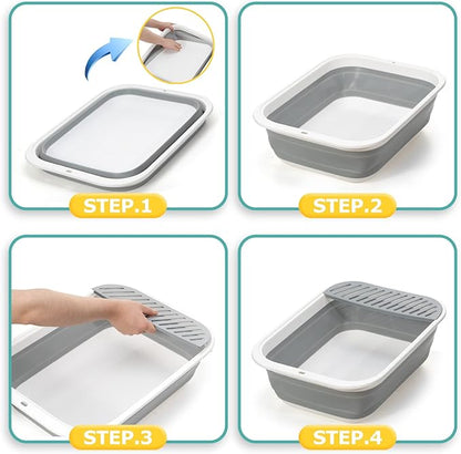 Foldable Cat Litter Box, Large Height-Adjustable Anti-Splash Open Air Kitty Litter Pan, Easy Clean with Scoop (Gray)