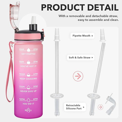Enerbone Water Bottle, Leakproof BPA & Toxic Free, Motivational Water Bottle with Times to Drink and Straw, Fitness Sports Water Bottle with Strap for Office, Gym, Outdoor Sports