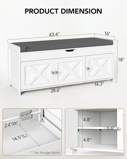 Amada Shoe Storage Bench, Entryway Bench with Cushioned Seat & Lift Top Storage, 3 Doors, Adjustable Shelf, 300 lbs Capacity, Bench with Shoe Rack for Entryway, Bedroom, Living Room, White
