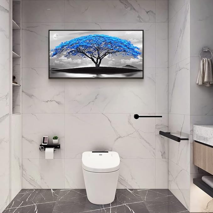 Framed Canvas Wall Art For Office Large Size Living Room Wall Decor Bedroom Decor Wall Pictures Artwork Black And White Landscape Blue Tree Moon Wall Painting Home Decorations Black Frame 24" X 48"