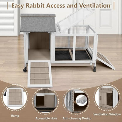 76''L Rabbit Hutch Outdoor Indoor with Wheels, Wooden 2 Story Bunny House Rabbit Cage with Run, Waterproof Roof, Pull Out Tray, Guinea Pig Cage Chicken Coop for Small to Medium Pets