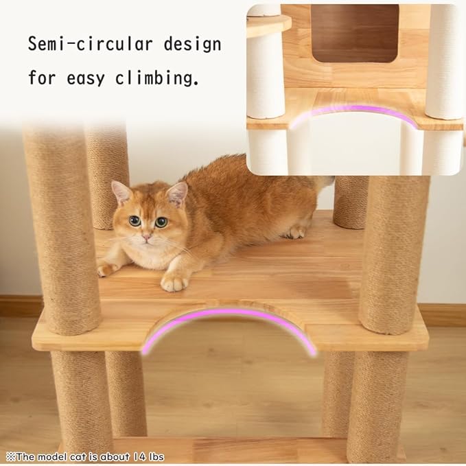 74.8" Wooden Cat Tree Tower for Large Cats, Multi-Level Cat Climbing Furniture with Scratching Posts, Cat Condo & Hammock, Natural Wood Cat Activity Center (White)