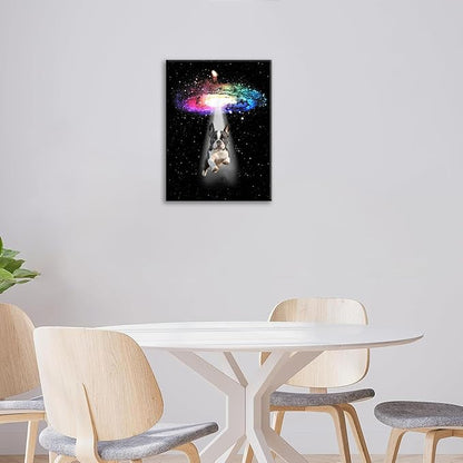 Funny Dog Wall Art Canvas Boston Terrier Wall Decor Prints Framed Painting Bulldog Galaxy Pictures Gifts Artwork for Bathroom 16"x20"